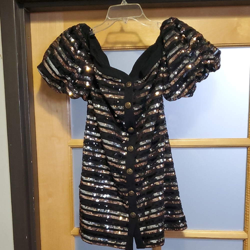 Philosophy di Lorenzo Serafini Black and Multicolor Sequin Puff Sleeve Blouse